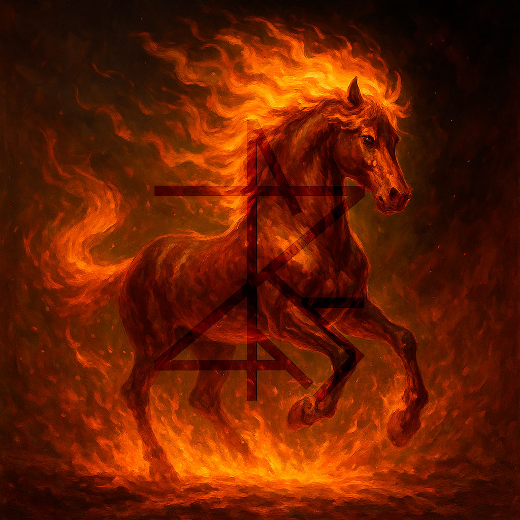 Ilustración esotérica del Caballo de Fuego 2026, símbolo del avance y el destino