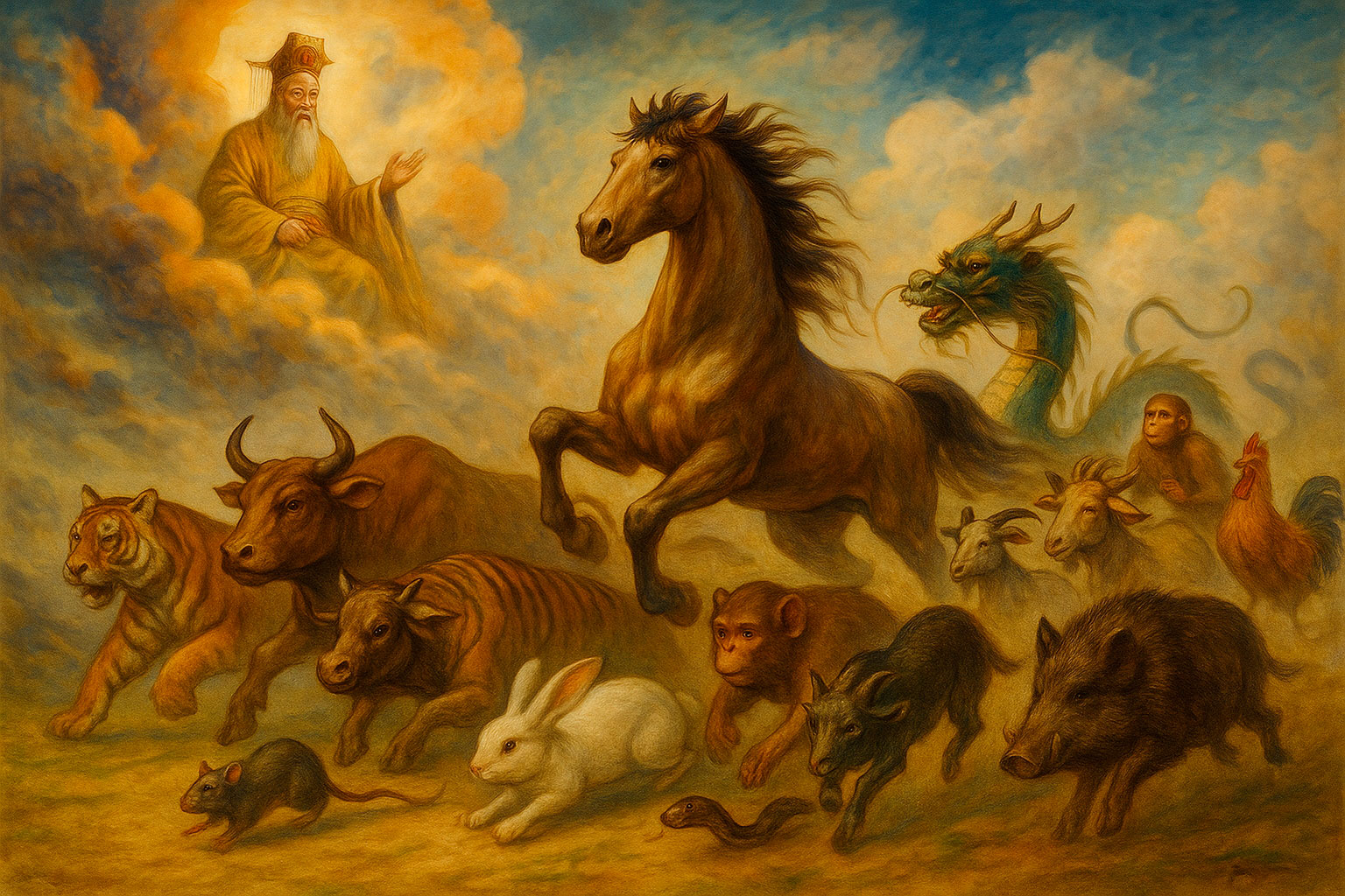 Llegada de los Doce Animales del Horóscopo Chino ante el Emperador de Jade